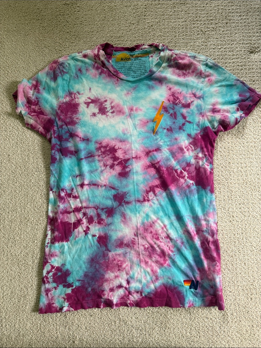 Aviator Nation Tie-Dye Lightning Bolt Tee in Aqua & Magenta
